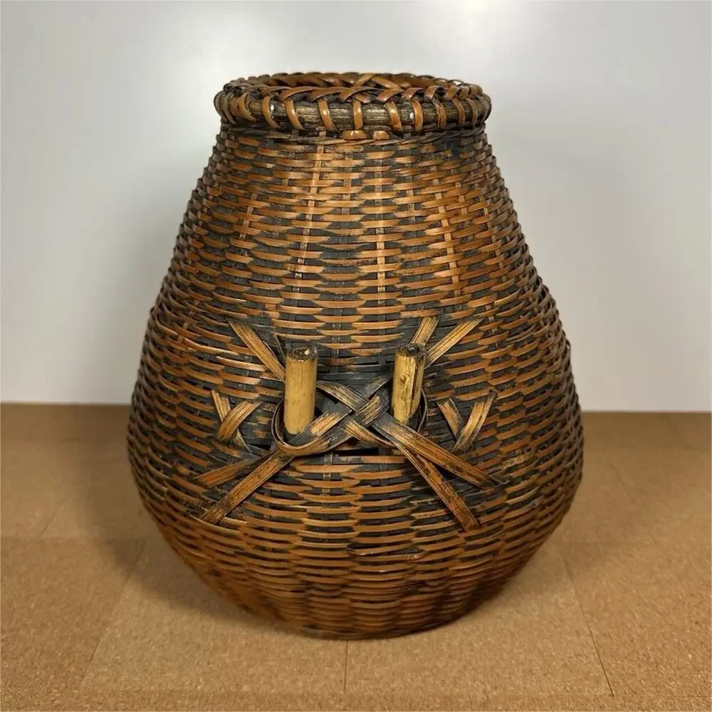 Vintage Japanese Smoked Bamboo Basket Handwoven Ikebana Basket Rustic Wabi Sabi